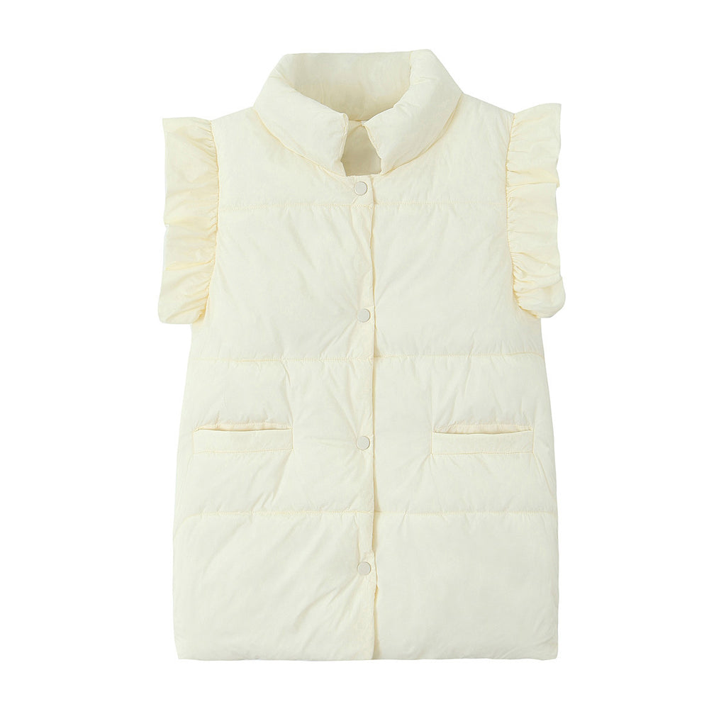 Ruffle Shoulder Quilted Puffer Vest - White