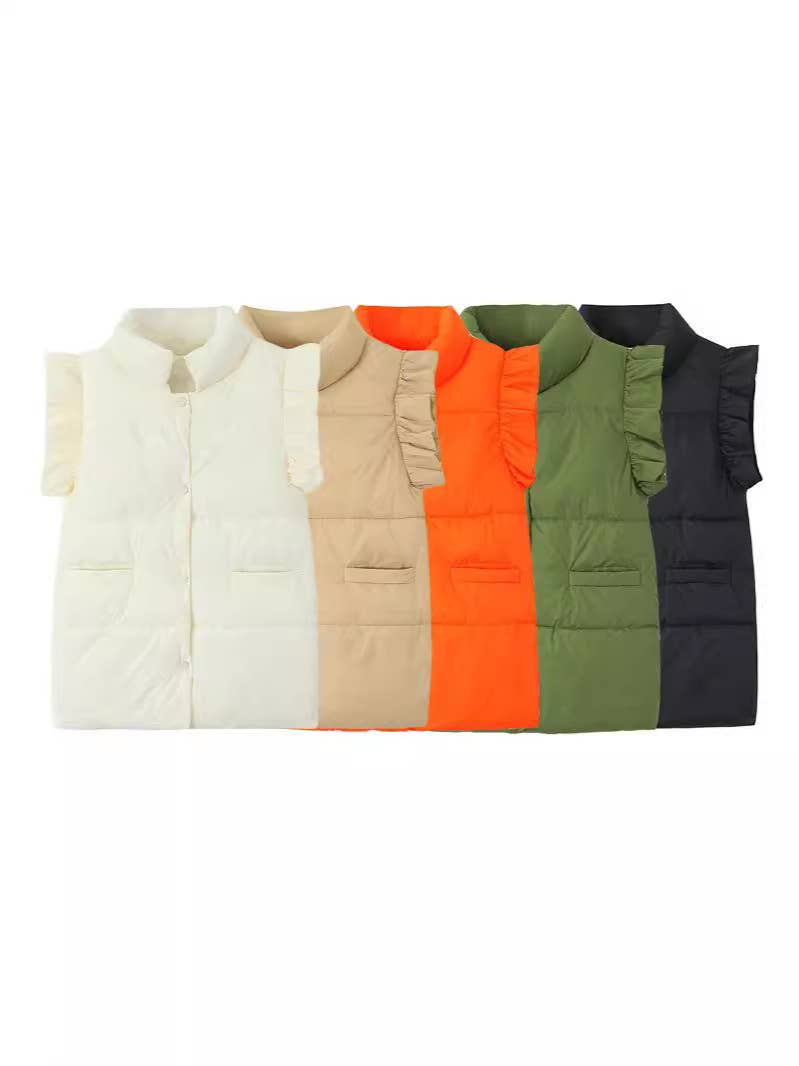 Ruffle Shoulder Quilted Puffer Vest