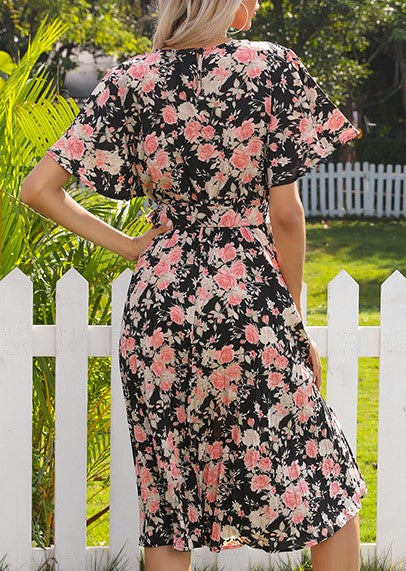 Floral Flutter Sleeve Pleated Midi Dress - Black - 1