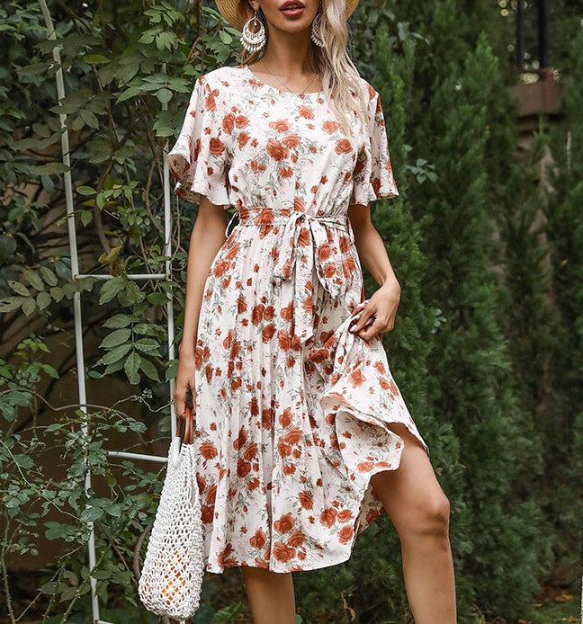 Floral Flutter Sleeve Pleated Midi Dress - White