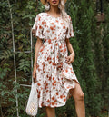Floral Flutter Sleeve Pleated Midi Dress - White