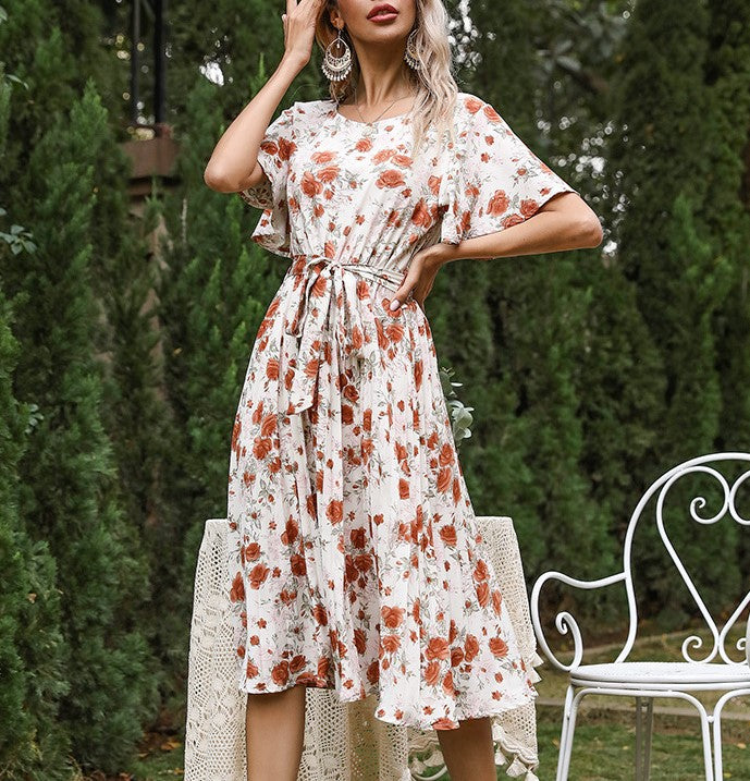 Floral Flutter Sleeve Pleated Midi Dress - White - 1