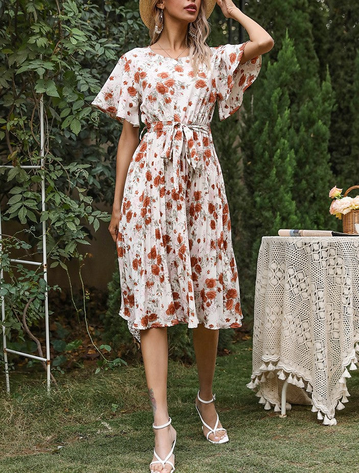Floral Flutter Sleeve Pleated Midi Dress - White - 3