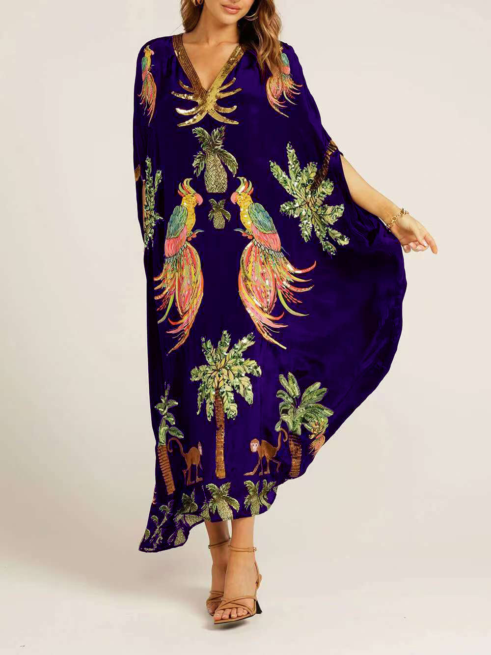 Tropical Bird Print V Neck Kaftan Maxi Dress - PurpleBlue
