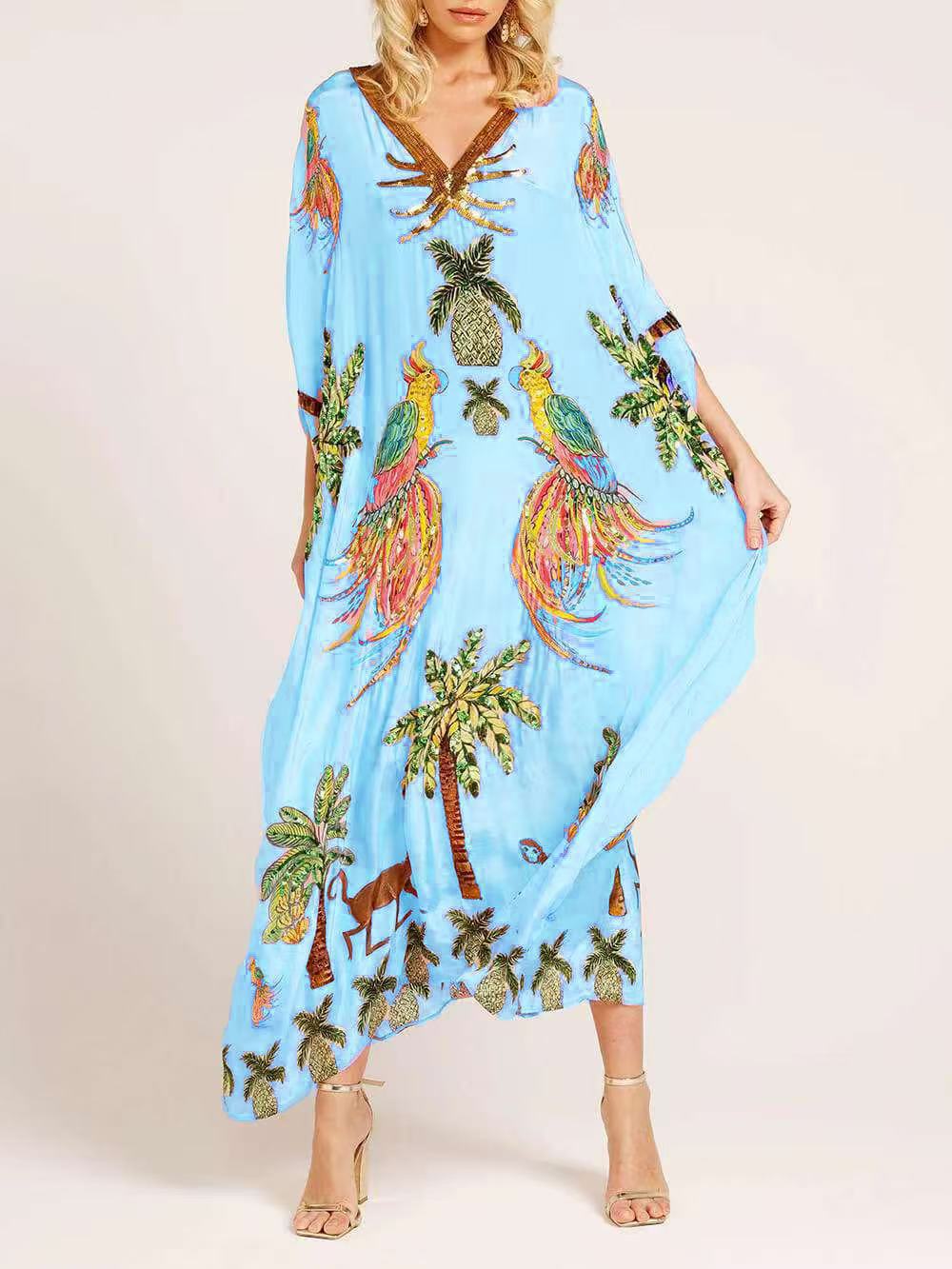 Tropical Bird Print V Neck Kaftan Maxi Dress - SkyBlue