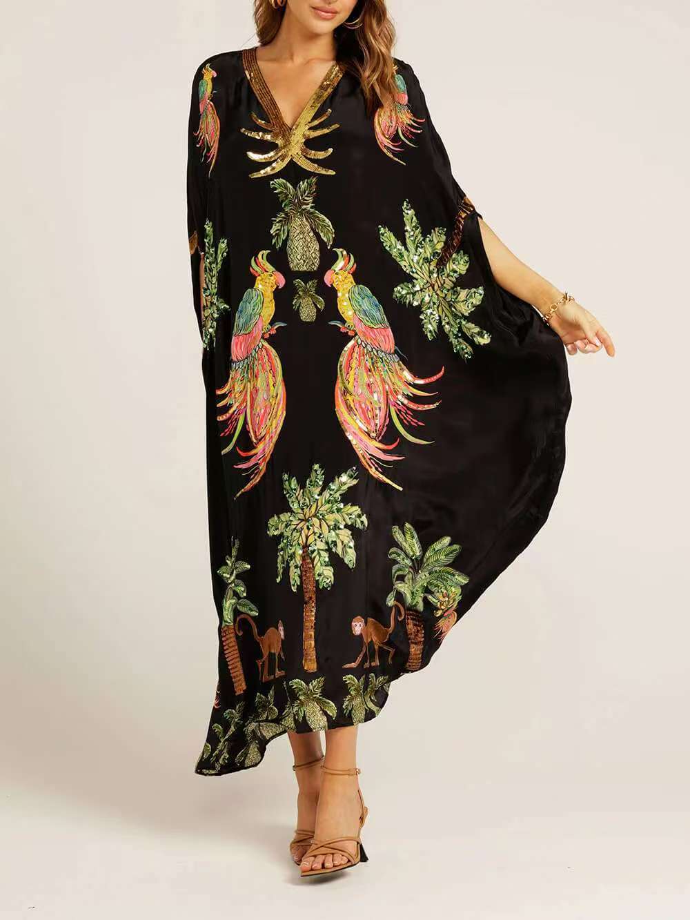 Tropical Bird Print V Neck Kaftan Maxi Dress - black