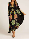 Tropical Bird Print V Neck Kaftan Maxi Dress - black