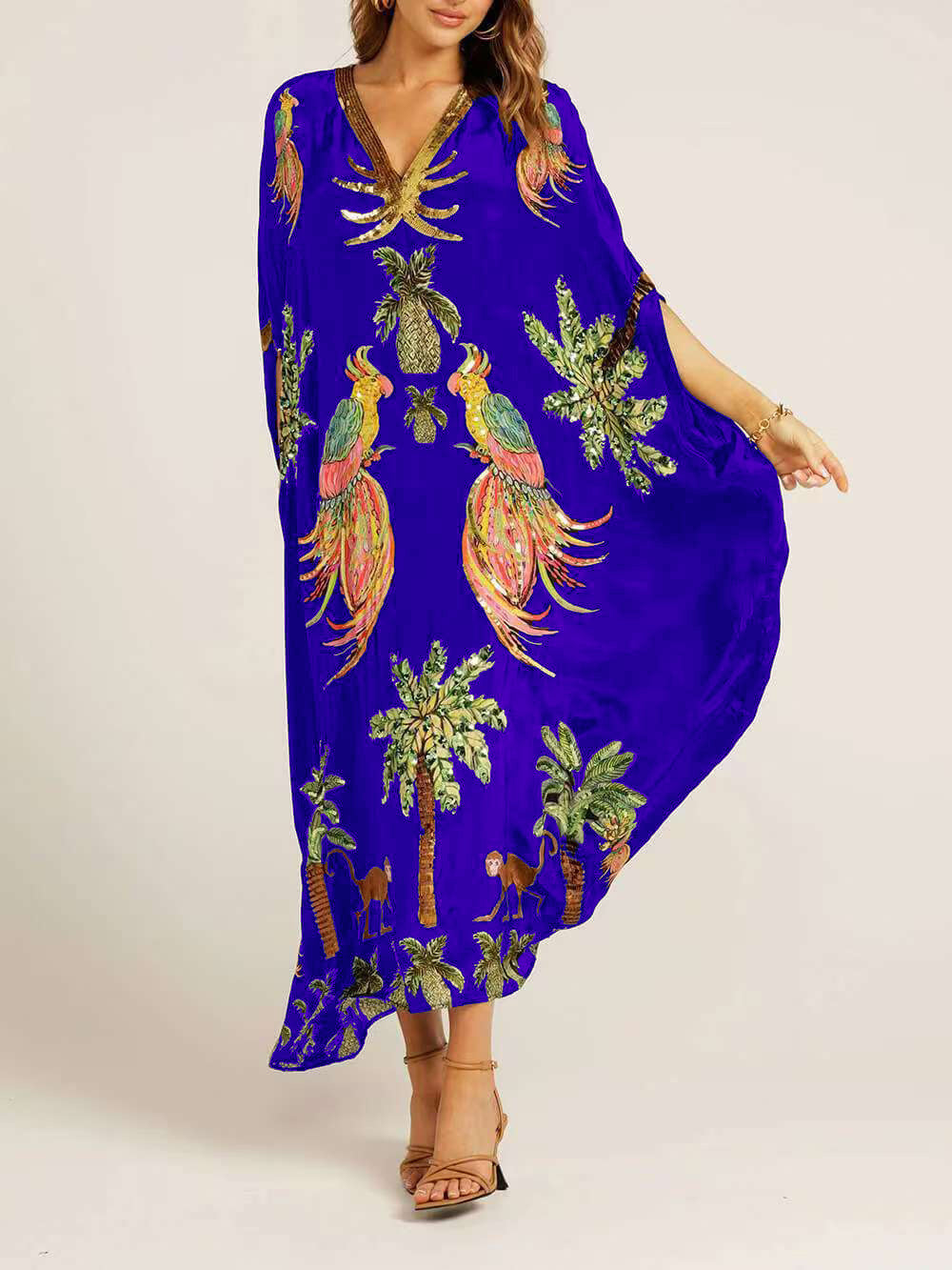 Tropical Bird Print V Neck Kaftan Maxi Dress - blue