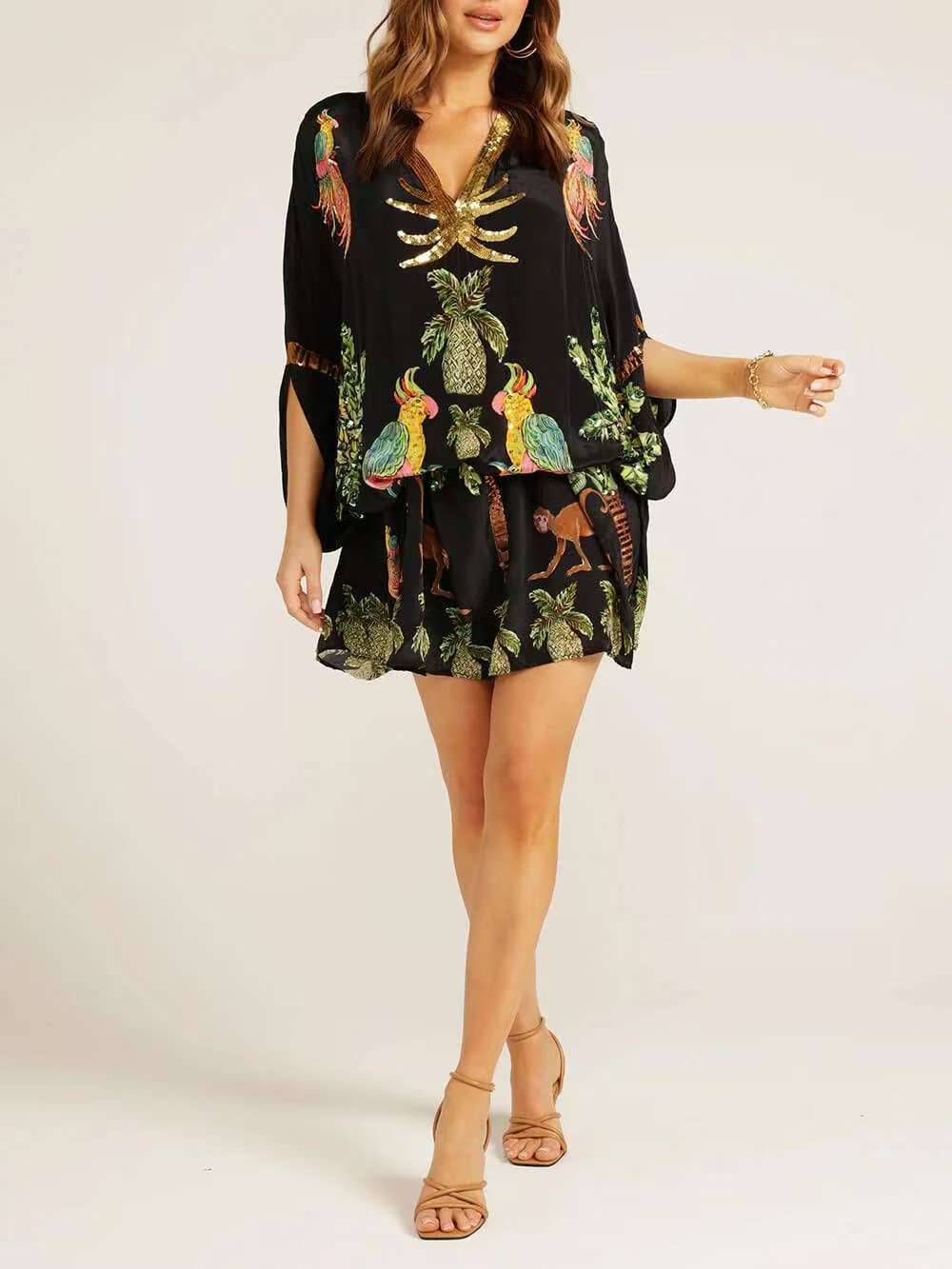 Tropical Bird Print V Neck Kaftan Maxi Dress