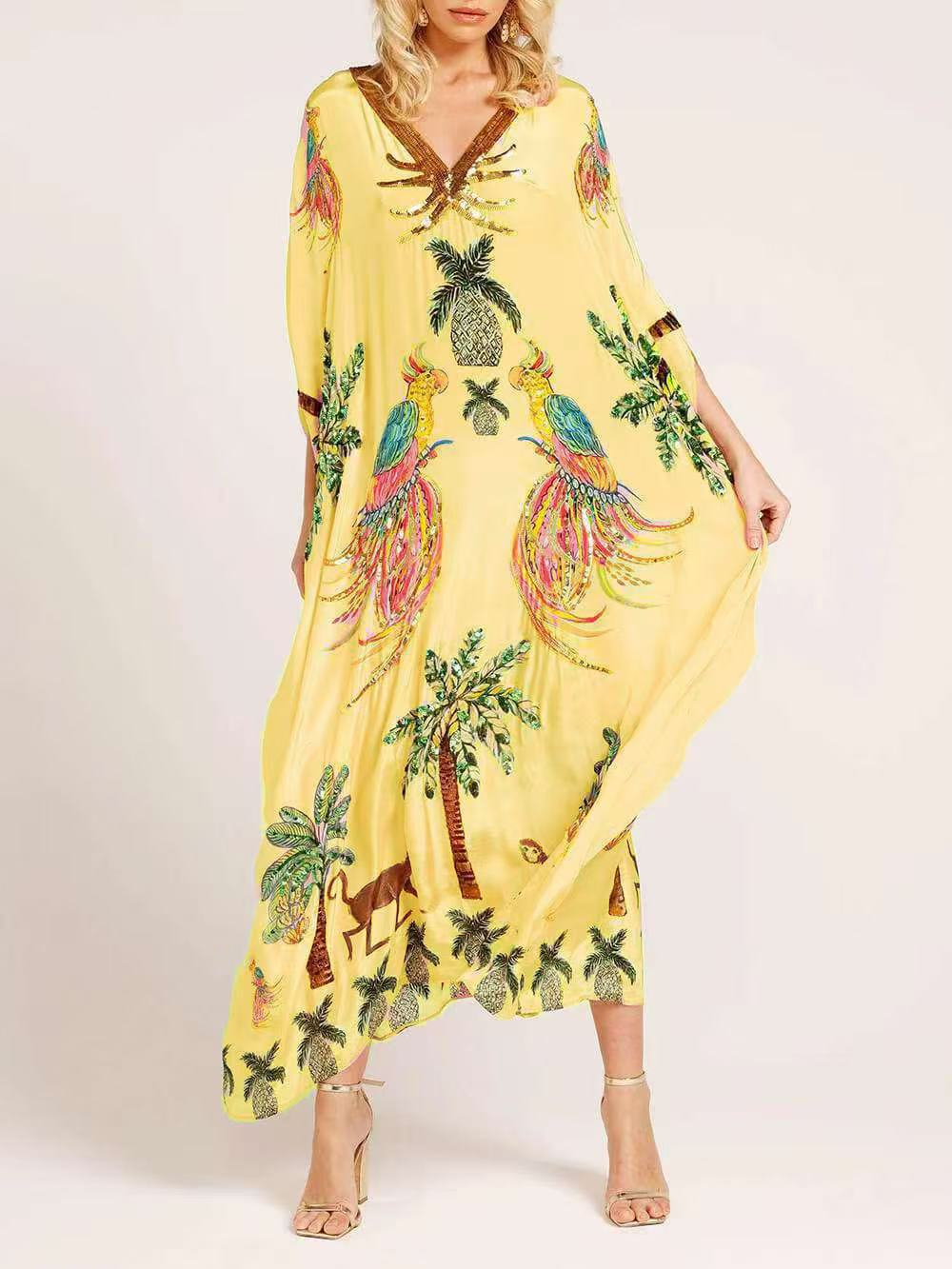 Tropical Bird Print V Neck Kaftan Maxi Dress - yellow