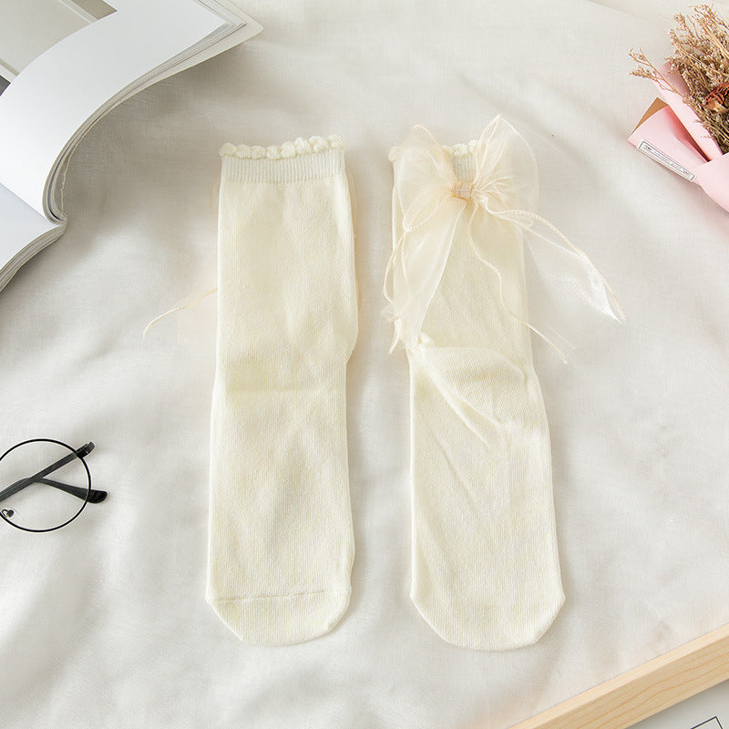 Sheer Organza Bow Ankle Socks - Beige