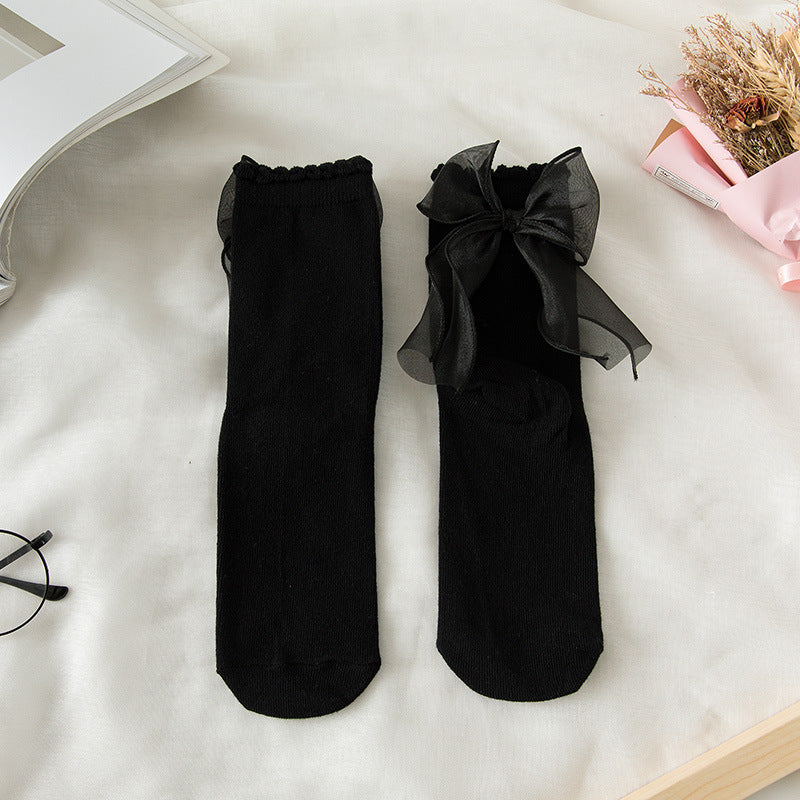Sheer Organza Bow Ankle Socks - black