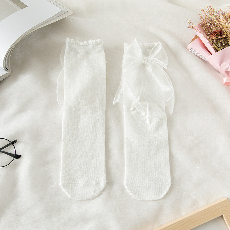 Sheer Organza Bow Ankle Socks - white