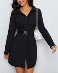 Belted Long Sleeve Mini Shirt Dress - Black