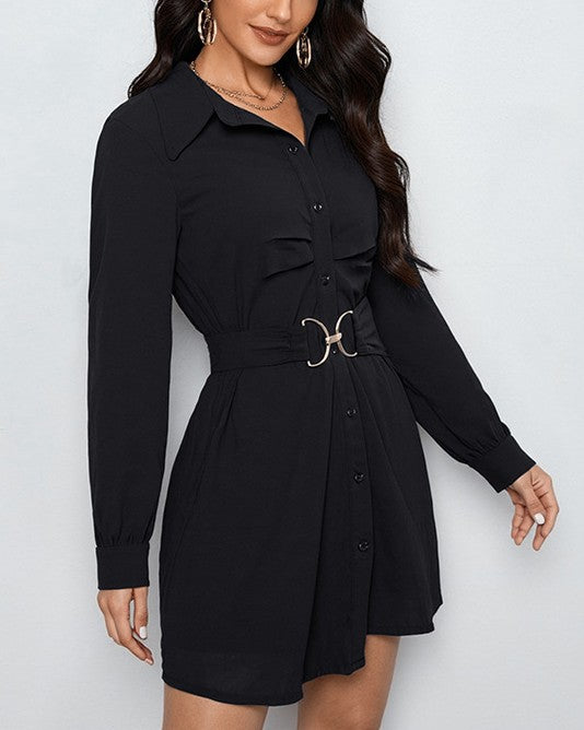 Belted Long Sleeve Mini Shirt Dress - Black - 1