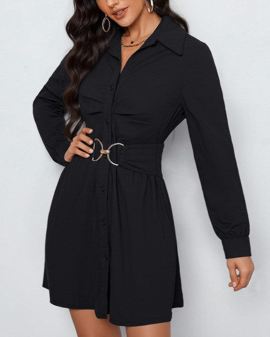 Belted Long Sleeve Mini Shirt Dress - Black - 2