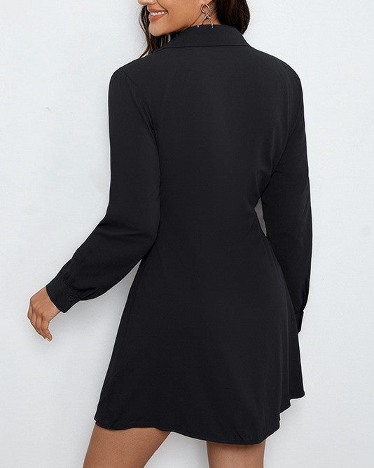 Belted Long Sleeve Mini Shirt Dress - Black - 3
