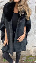 Faux Fur Collar Open Front Poncho Cape - Black