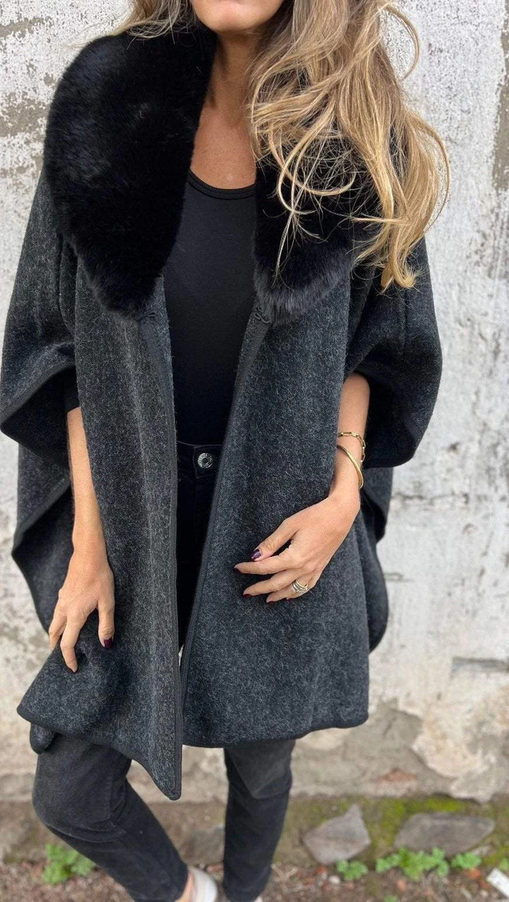Faux Fur Collar Open Front Poncho Cape - Black
