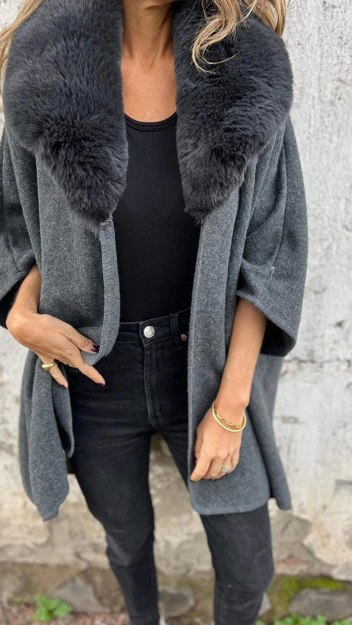 Faux Fur Collar Open Front Poncho Cape - Dark-Gray