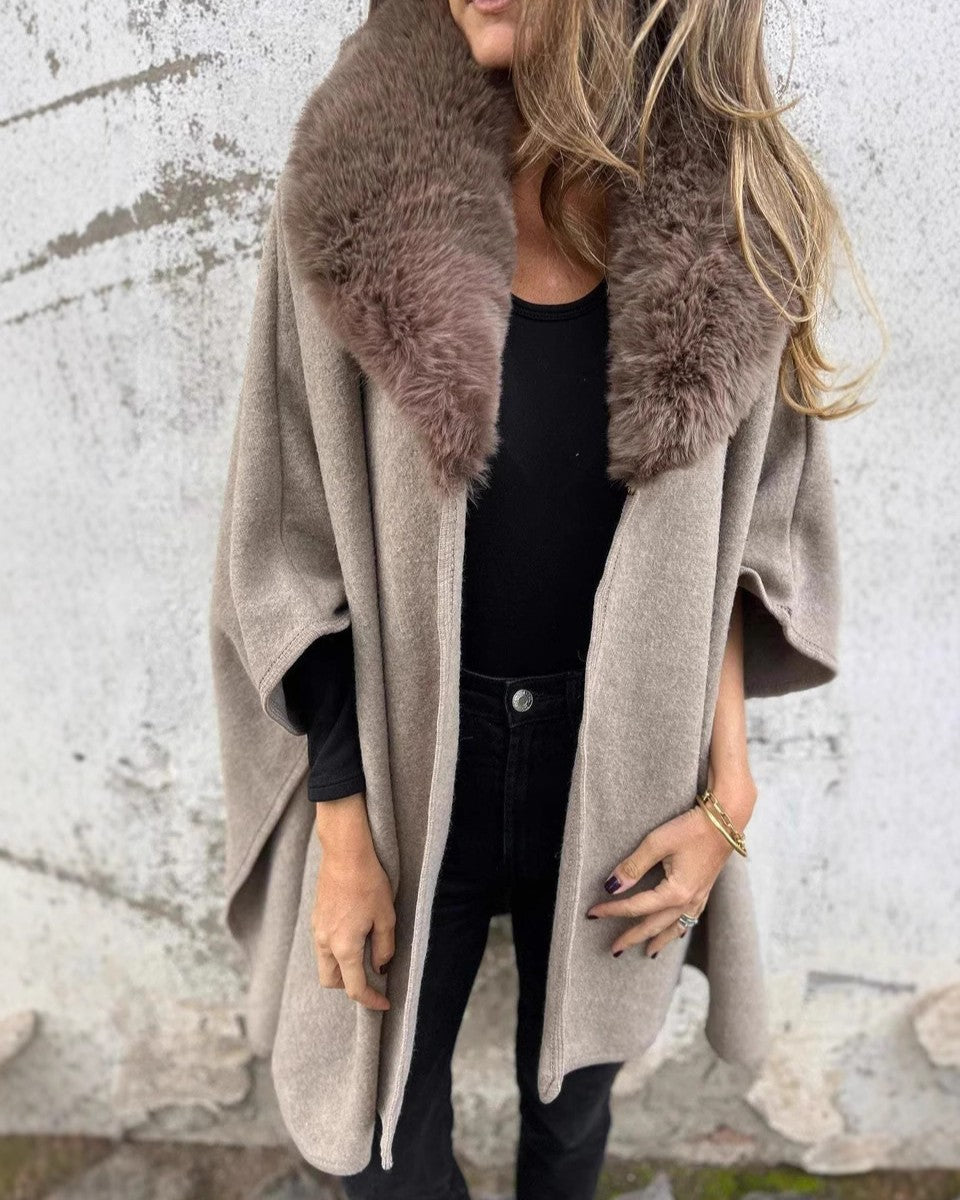 Faux Fur Collar Open Front Poncho Cape - Khaki