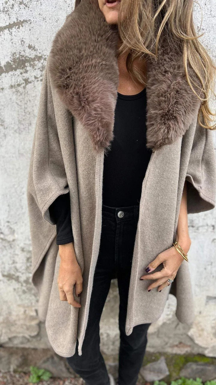 Faux Fur Collar Open Front Poncho Cape - Khaki - 1