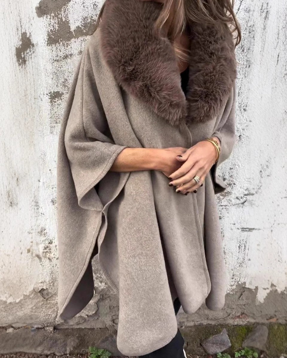 Faux Fur Collar Open Front Poncho Cape - Khaki - 2