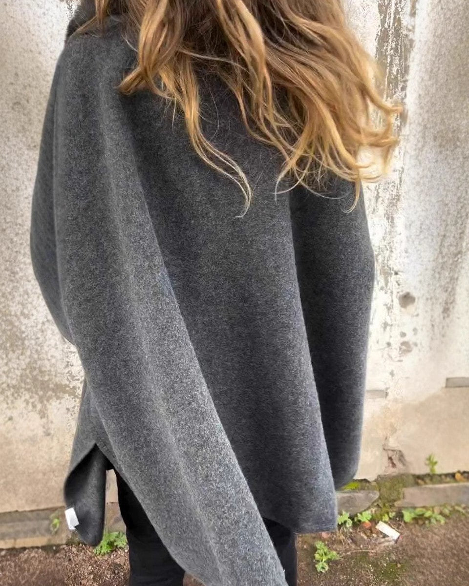 Faux Fur Collar Open Front Poncho Cape - Khaki - 3