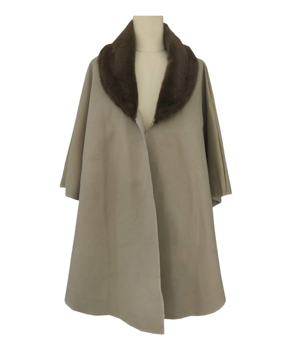 Faux Fur Collar Open Front Poncho Cape