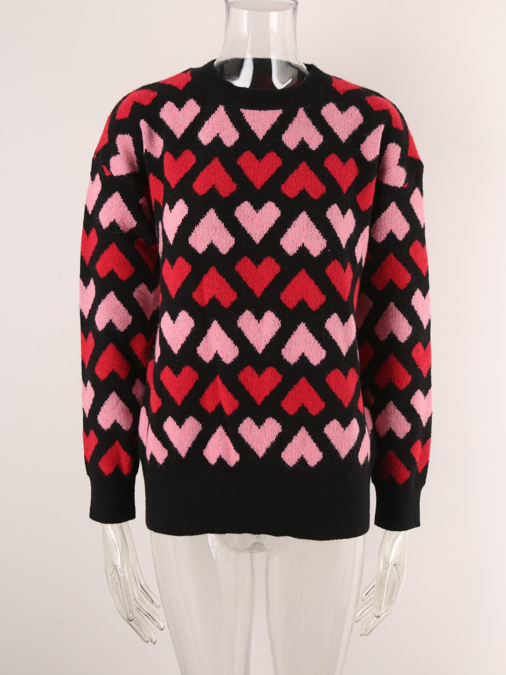 Repeating Hearts Jacquard Knit Pullover - Black