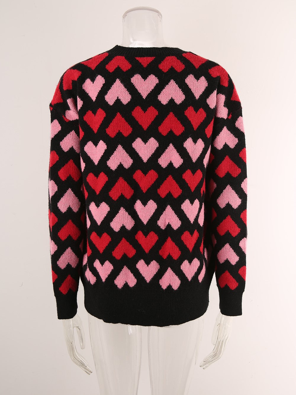 Repeating Hearts Jacquard Knit Pullover - Black - 1