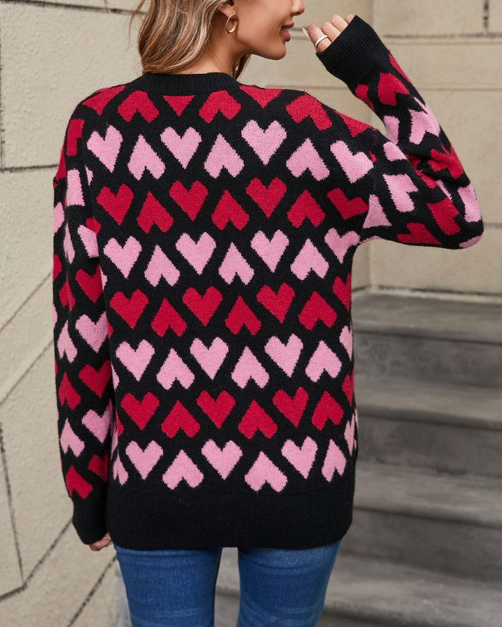 Repeating Hearts Jacquard Knit Pullover - Black - 2