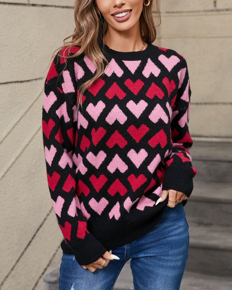 Repeating Hearts Jacquard Knit Pullover - Black - 3