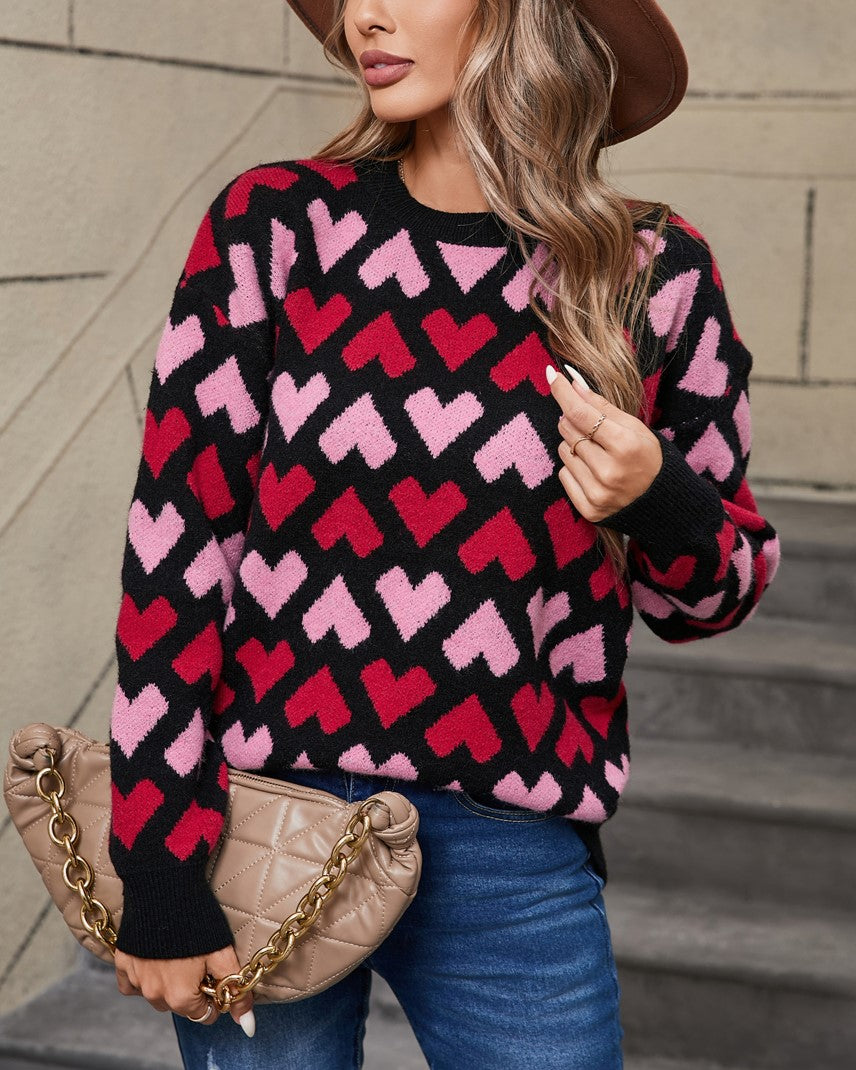 Repeating Hearts Jacquard Knit Pullover - Black - 4