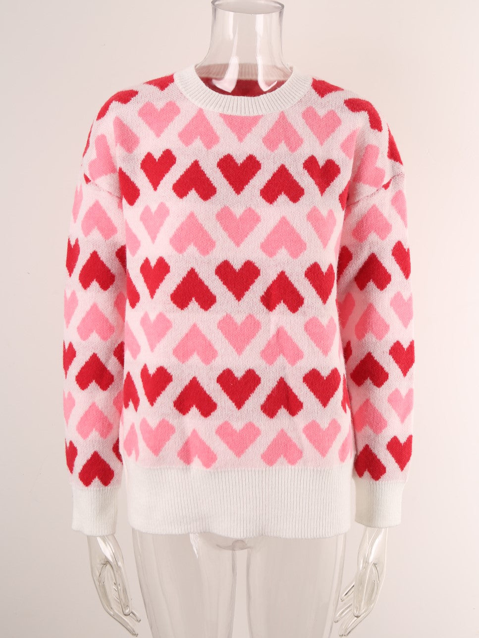 Repeating Hearts Jacquard Knit Pullover - White - 1
