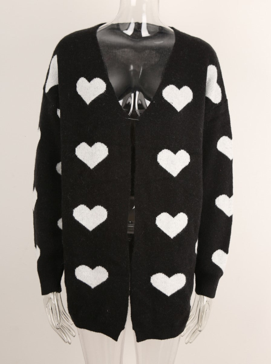 Allover Heart Knit Open Front Cardigan - Black