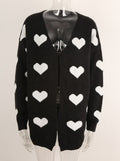 Allover Heart Knit Open Front Cardigan - Black