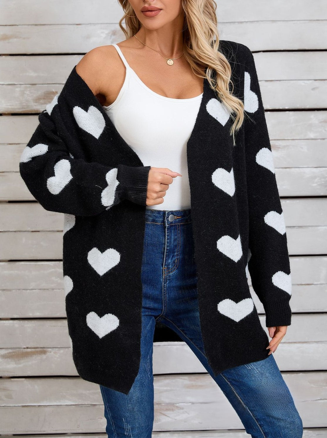 Allover Heart Knit Open Front Cardigan - Black - 1