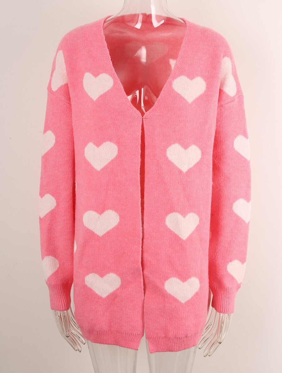Allover Heart Knit Open Front Cardigan - Pink