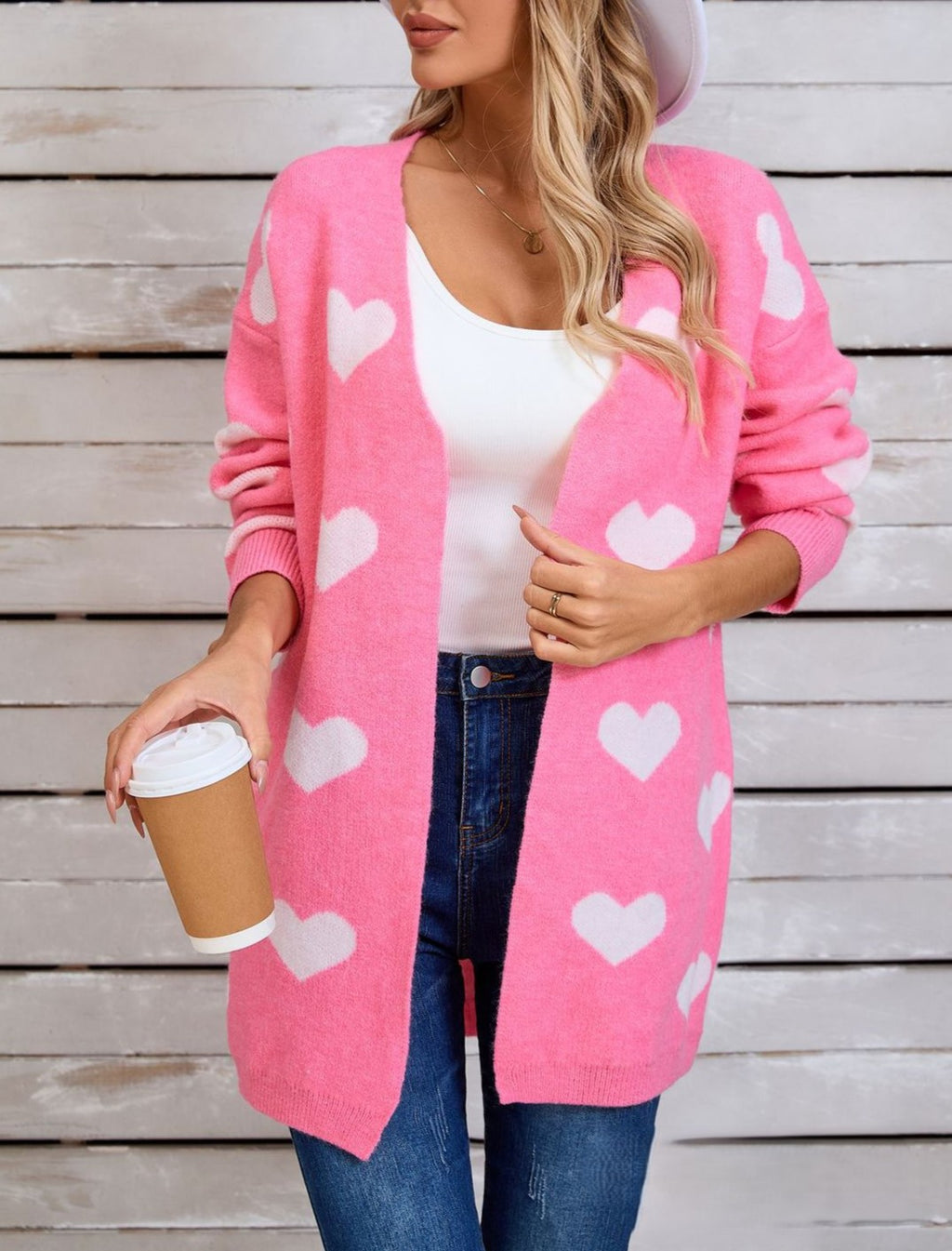 Allover Heart Knit Open Front Cardigan - Pink - 1