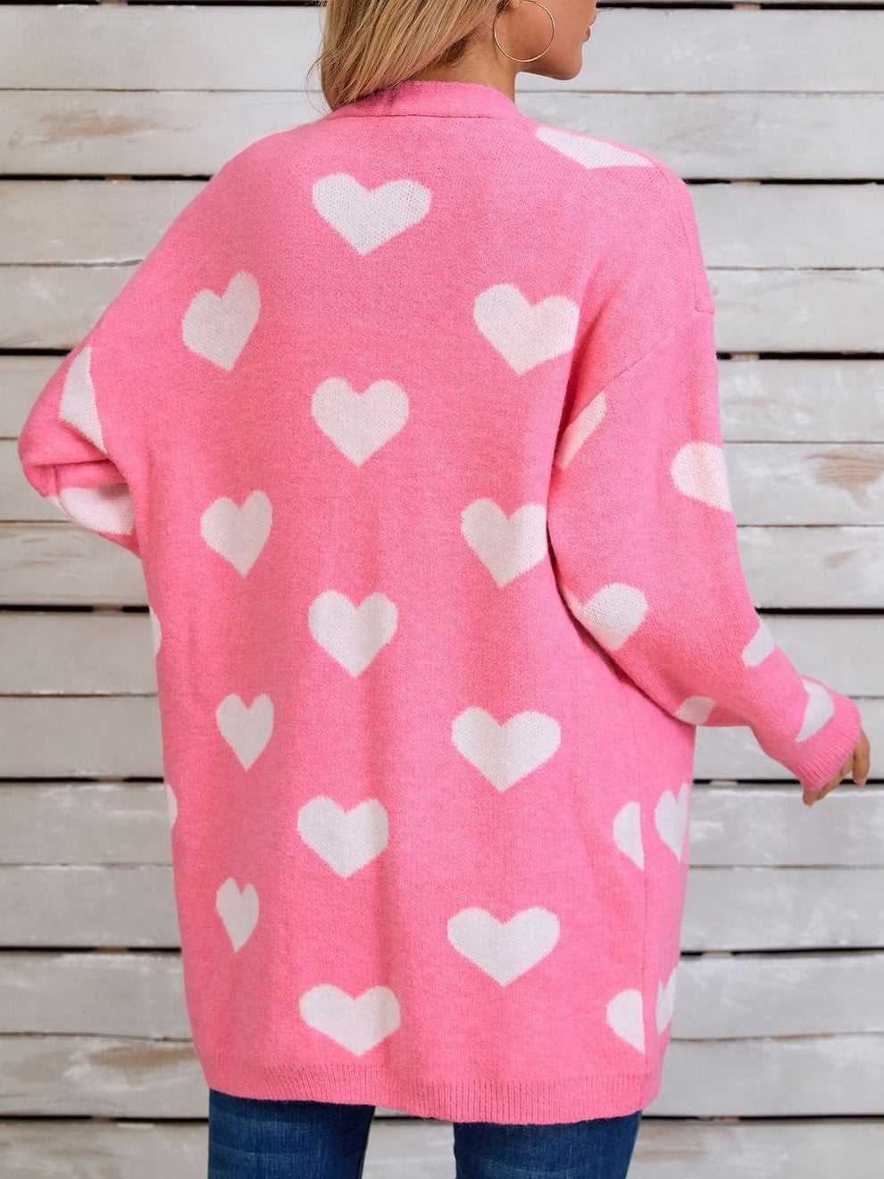 Allover Heart Knit Open Front Cardigan - Pink - 2