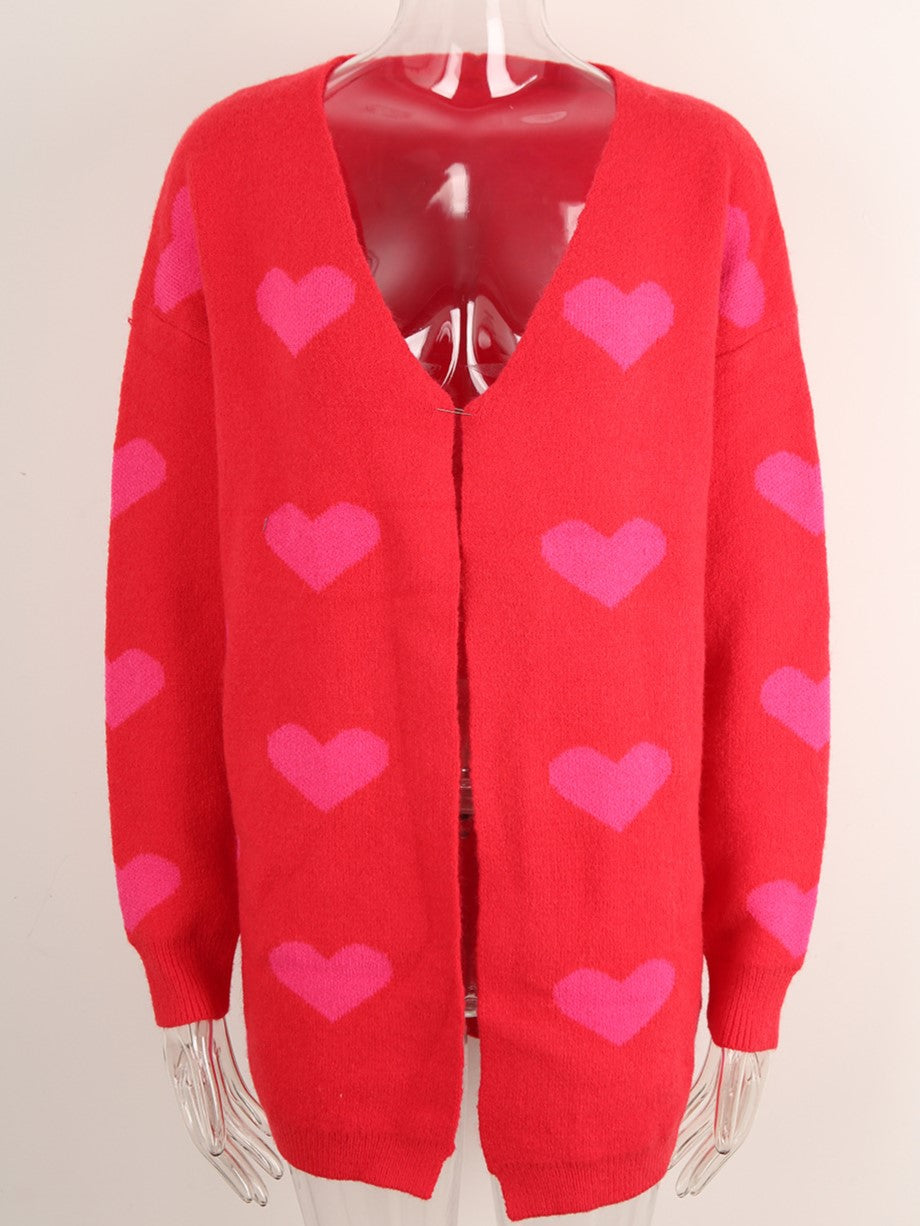 Allover Heart Knit Open Front Cardigan - Rosered