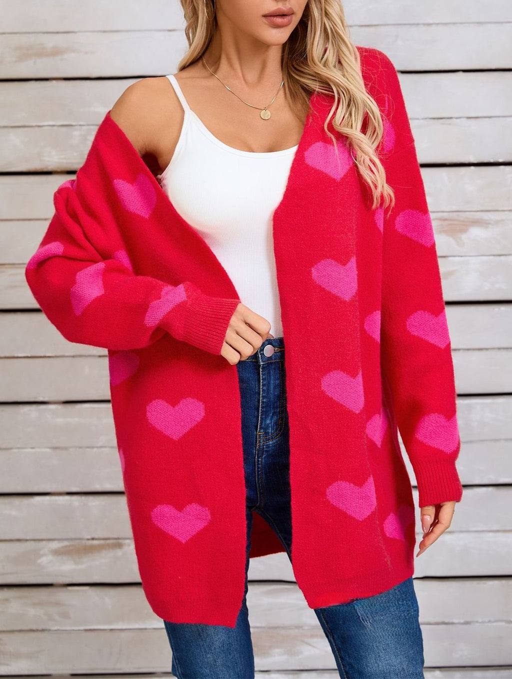 Allover Heart Knit Open Front Cardigan - Rosered - 1