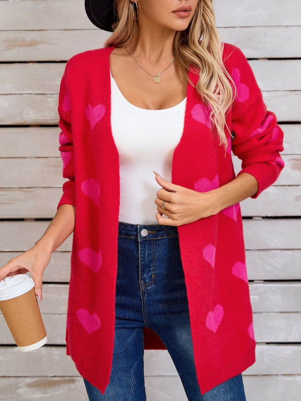 Allover Heart Knit Open Front Cardigan - Rosered - 2