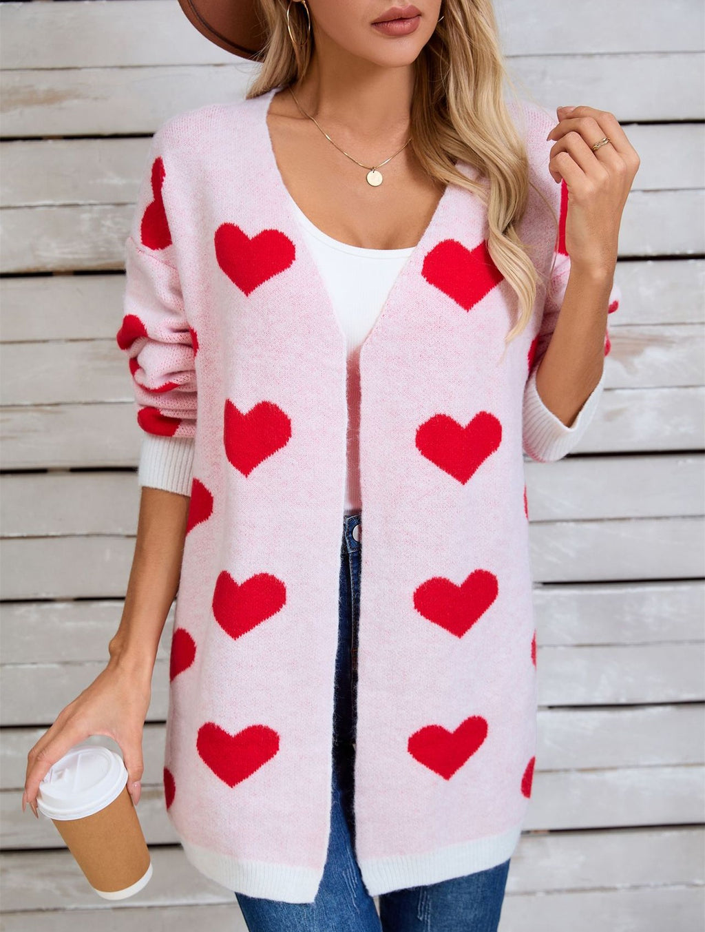 Allover Heart Knit Open Front Cardigan - White
