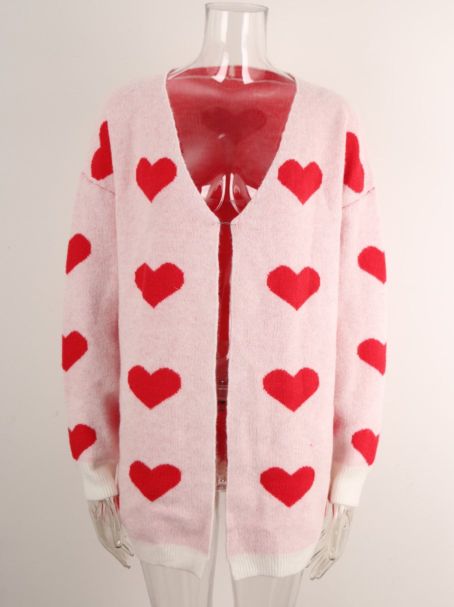 Allover Heart Knit Open Front Cardigan - White - 1