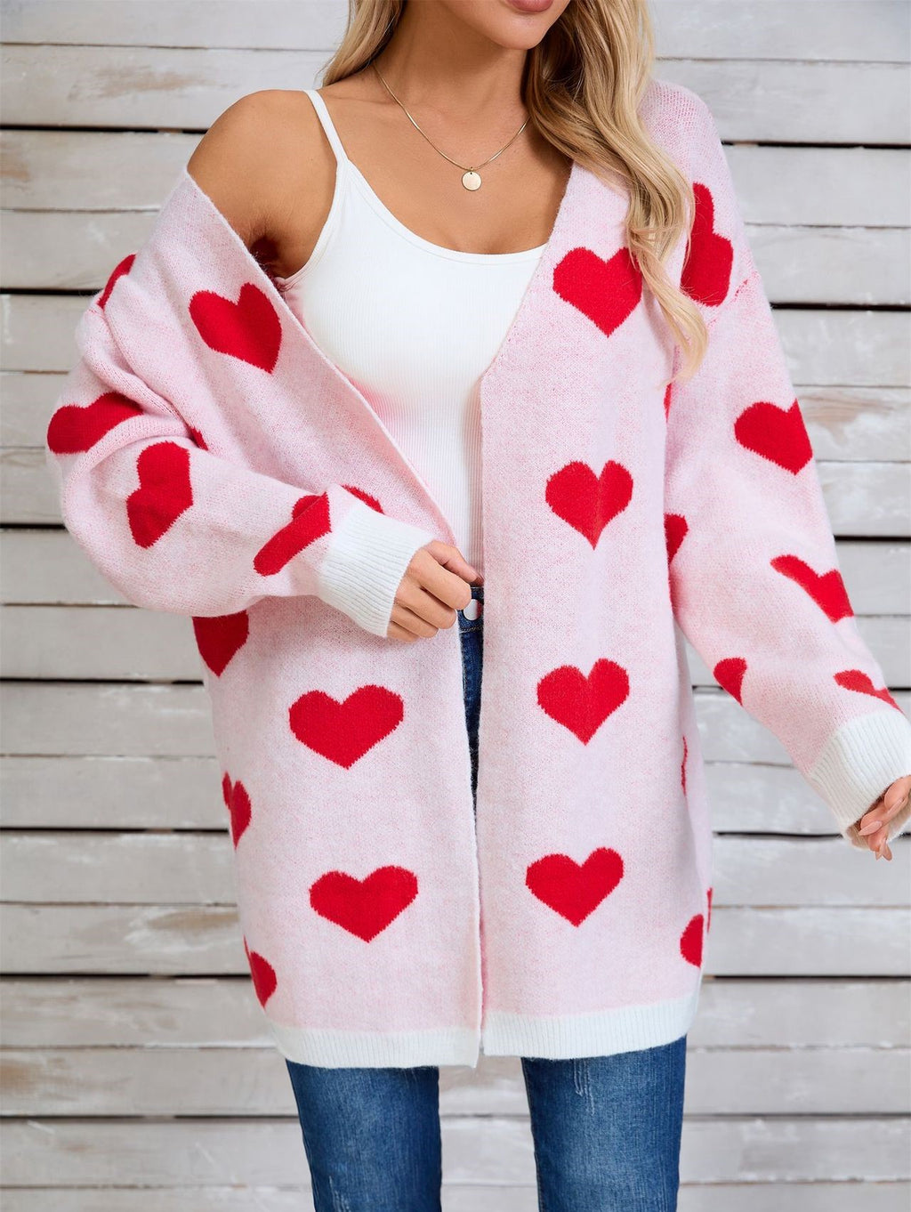 Allover Heart Knit Open Front Cardigan - White - 2