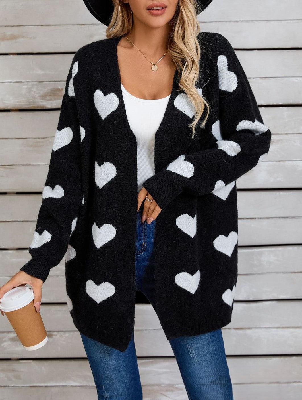Allover Heart Knit Open Front Cardigan