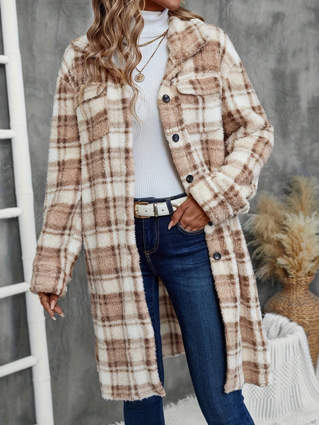 Camel Plaid Longline Fleece Shacket with Pockets - Camel