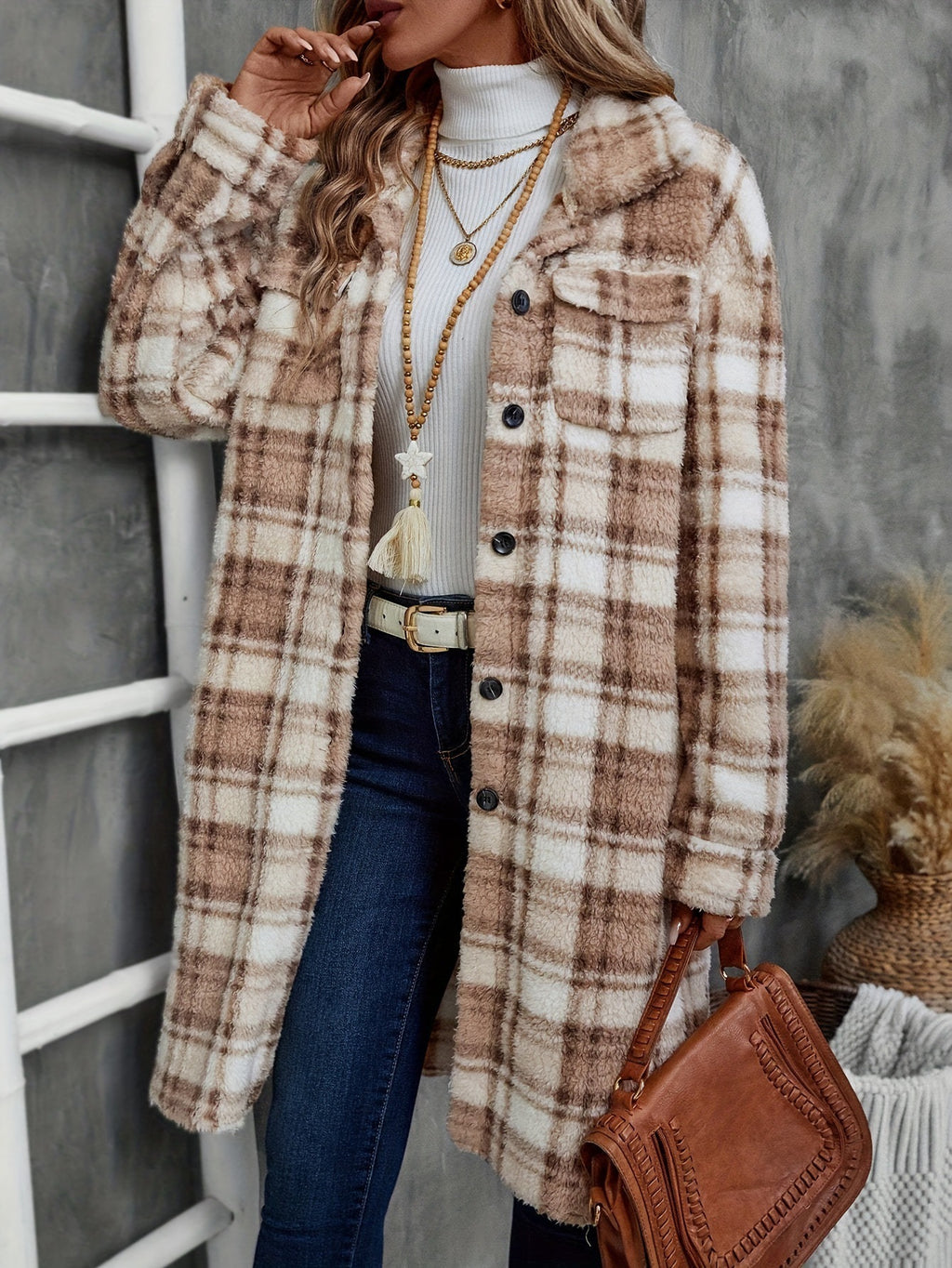 Camel Plaid Longline Fleece Shacket with Pockets - Camel - 1